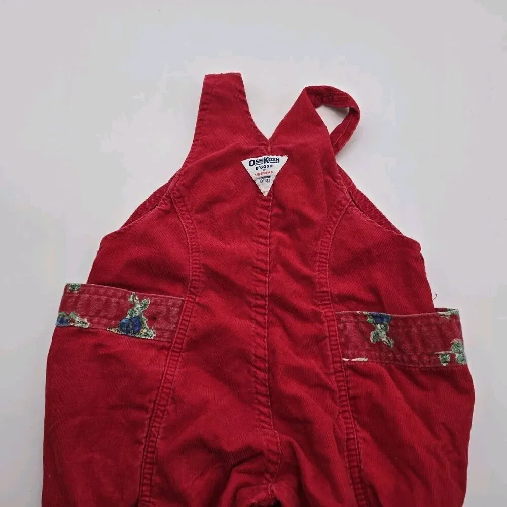 OshKosh Overalls Red Corduroy Baby 24 Months Bear Plaid Snap Button Vintage Rare